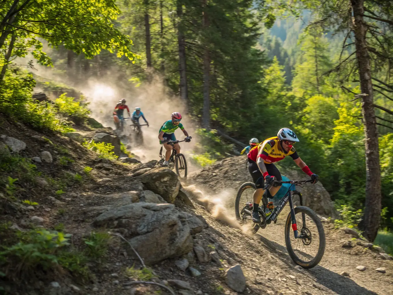 A group of mountain bikers riding through a challenging VTT trail, highlighting the adrenaline rush and the technical skills required for this activity.