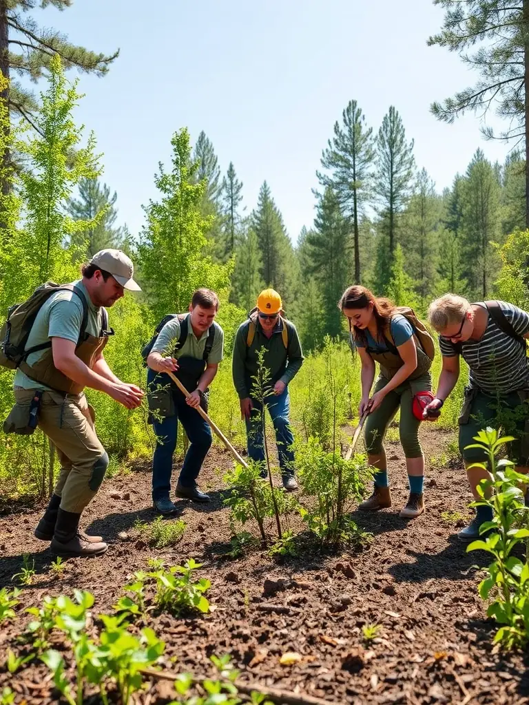 Volunteers working together to maintain a trail, emphasizing the organization's commitment to trail preservation and community involvement.