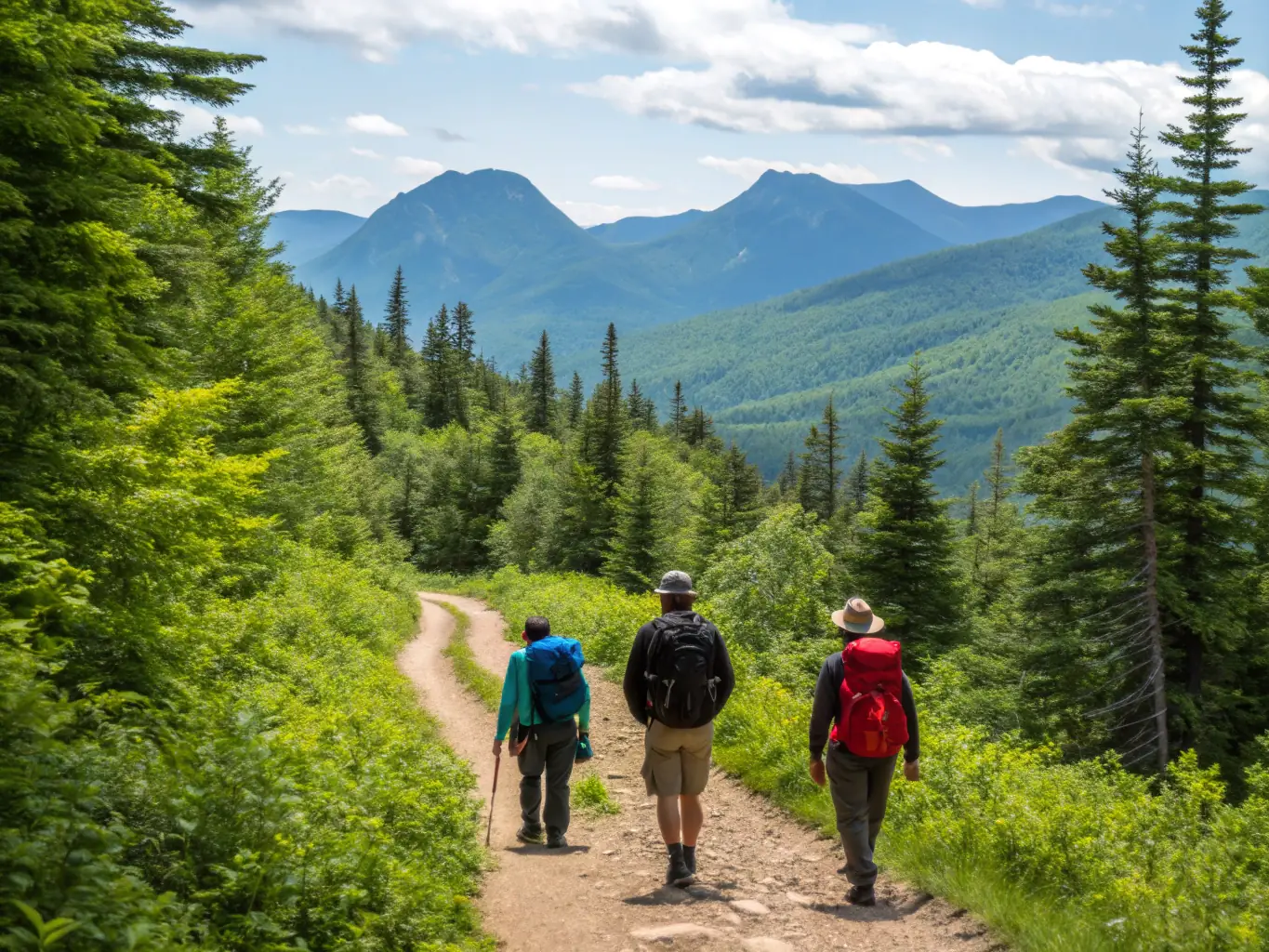 A scenic view of hikers on a well-maintained trail in the French countryside, showcasing the beauty of nature and the joy of hiking with Les Chemins de Mansac.