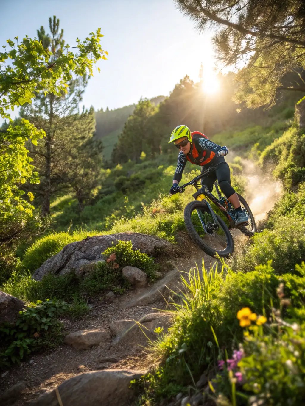A mountain biker riding on a challenging VTT trail, highlighting the VTT activities organized by LES CHEMINS DE MANSAC.