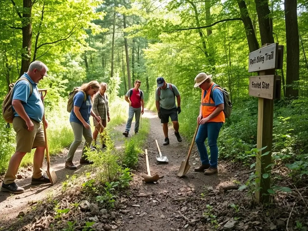 A scenic view of volunteers maintaining a hiking trail in Mansac, showcasing the organization's commitment to preserving natural environments and ensuring safe, accessible paths for the community.