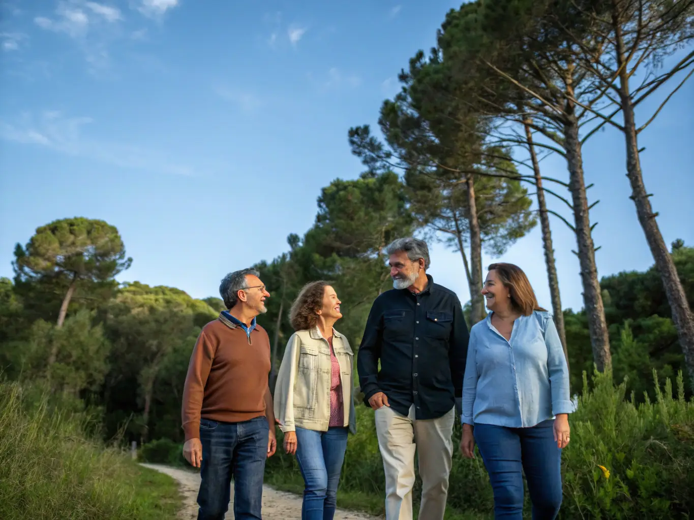 A group of diverse community members participating in a guided hike organized by Les Chemins de Mansac, highlighting the organization's role in promoting health, social interaction, and appreciation for nature.