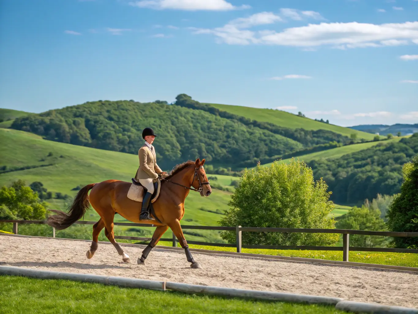 A person riding a horse on a designated equestrian trail, emphasizing the connection between humans and animals and the beauty of the natural surroundings.